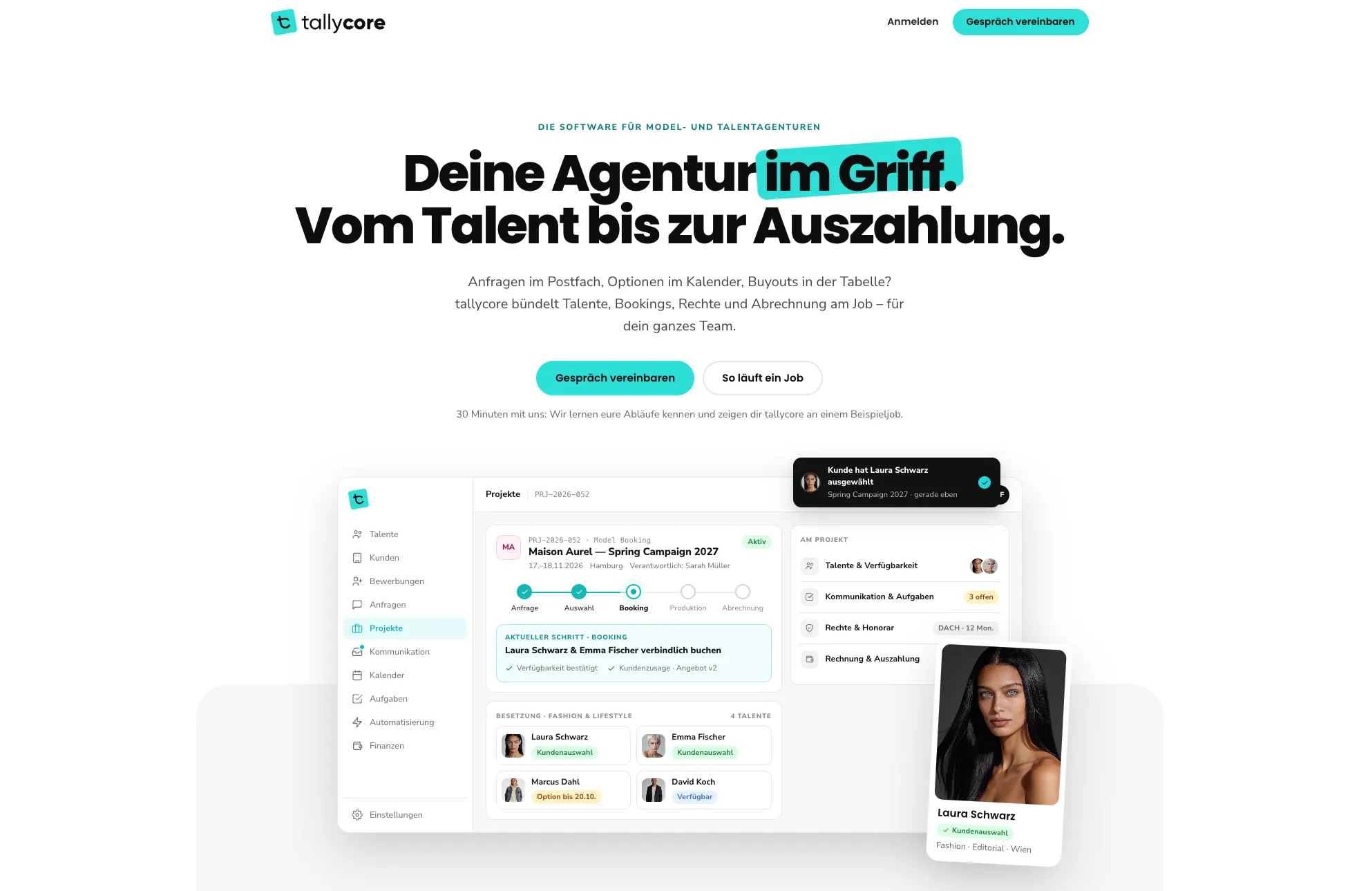 Startseite der Software tallycore: Anfragen, Talente, Kunden und Projekte in einer Oberfläche